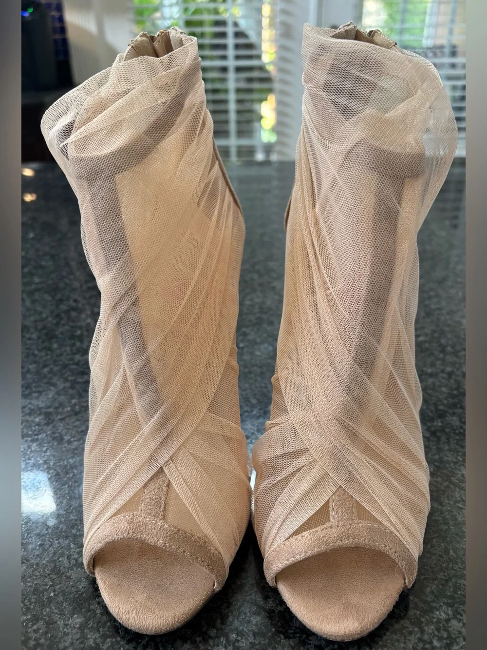 Penny Loves Kenny Nude Mesh Peep-Toe Stiletto Booties
